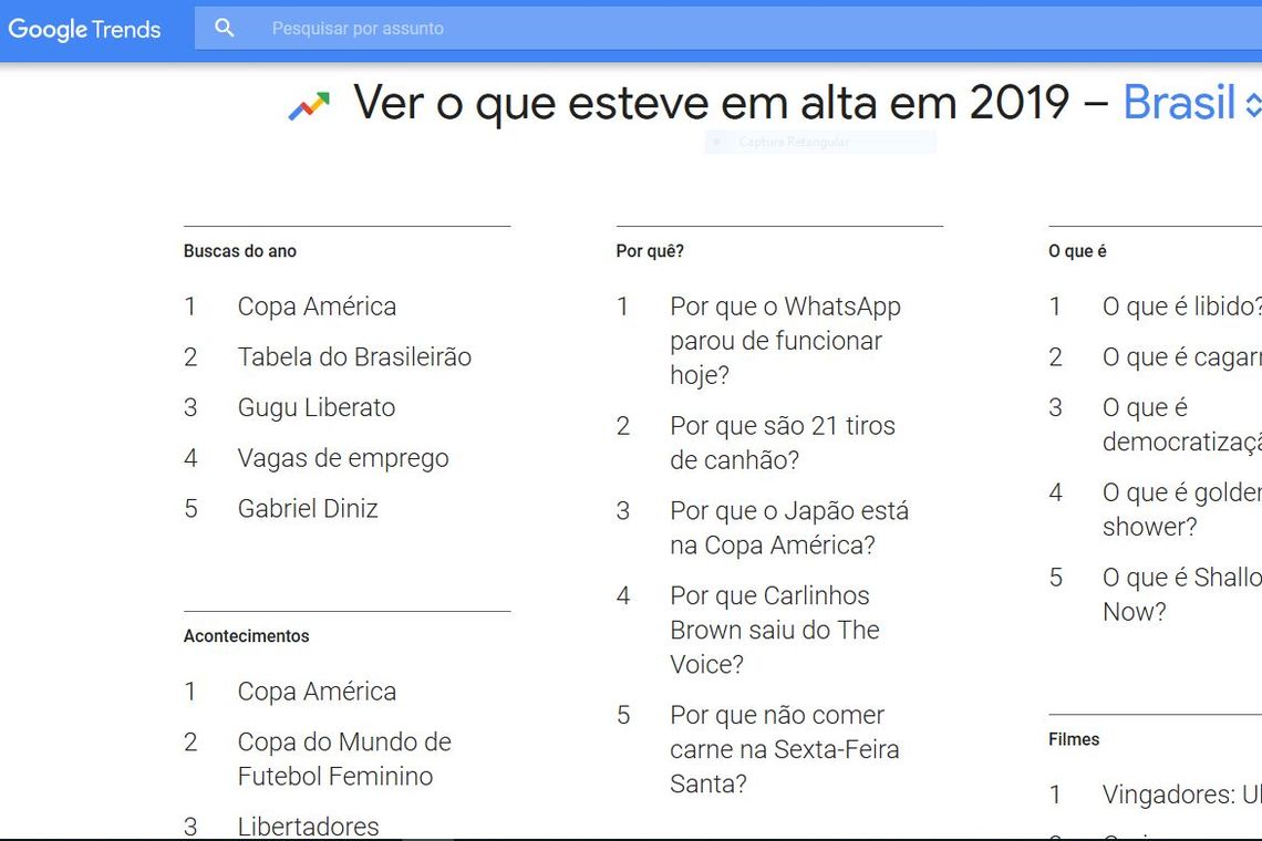 O que esteve em alta no Google no Brasil em 2019 - Reprodução internet