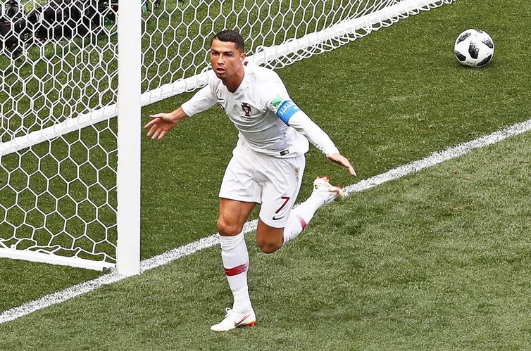 Moscow (Russian Federation), 20/06/2018.- Cristiano Ronaldo of Portugal celebrates after scoring the 1-0 lead during the FIFA World Cup 2018 group B preliminary round soccer match between Portugal and Morocco in Moscow, Russia, 20 June 2018.
