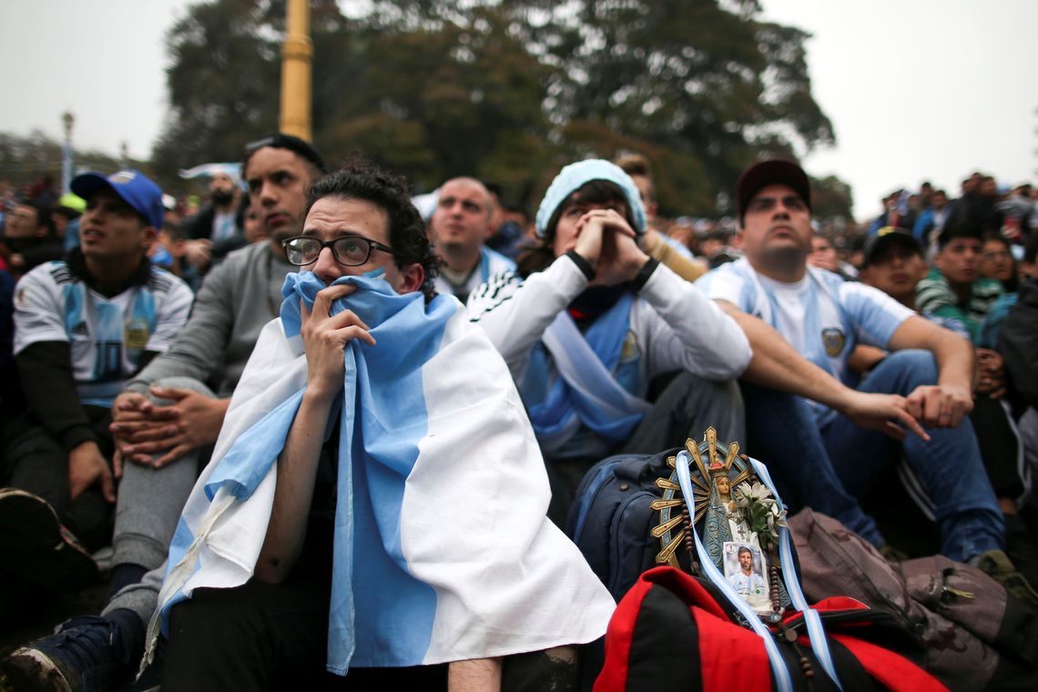 Fans of Argentina react after France scored their 4th goal during the broadcast of the FIFA World Cup soccer match between Argentina and France at the Plaza San Martin, Buenos Aires, Argentina, June 30, 2018. REUTERS/Agustin Marcarian
