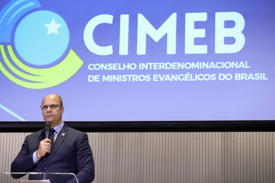 Marcos Corrêa/PR O governador do Rio de Janeiro, Wilson Witzel, fala durante almoço de Encontro do Conselho Interdenominacional de Ministros Evangélicos do Brasil.