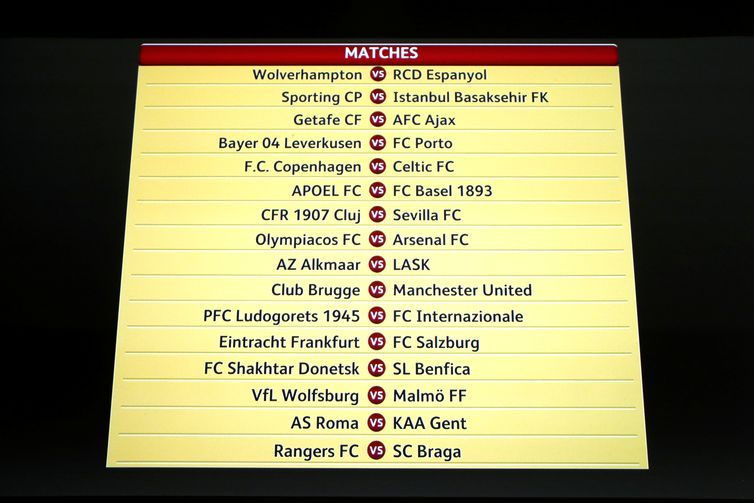 REUTERS/Denis Balibouse Soccer Football - Europa League - Round of 32 draw - Nyon, Switzerland - December 16, 2019 General view of the big screen showing the results of the draw REUTERS/Denis Balibouse