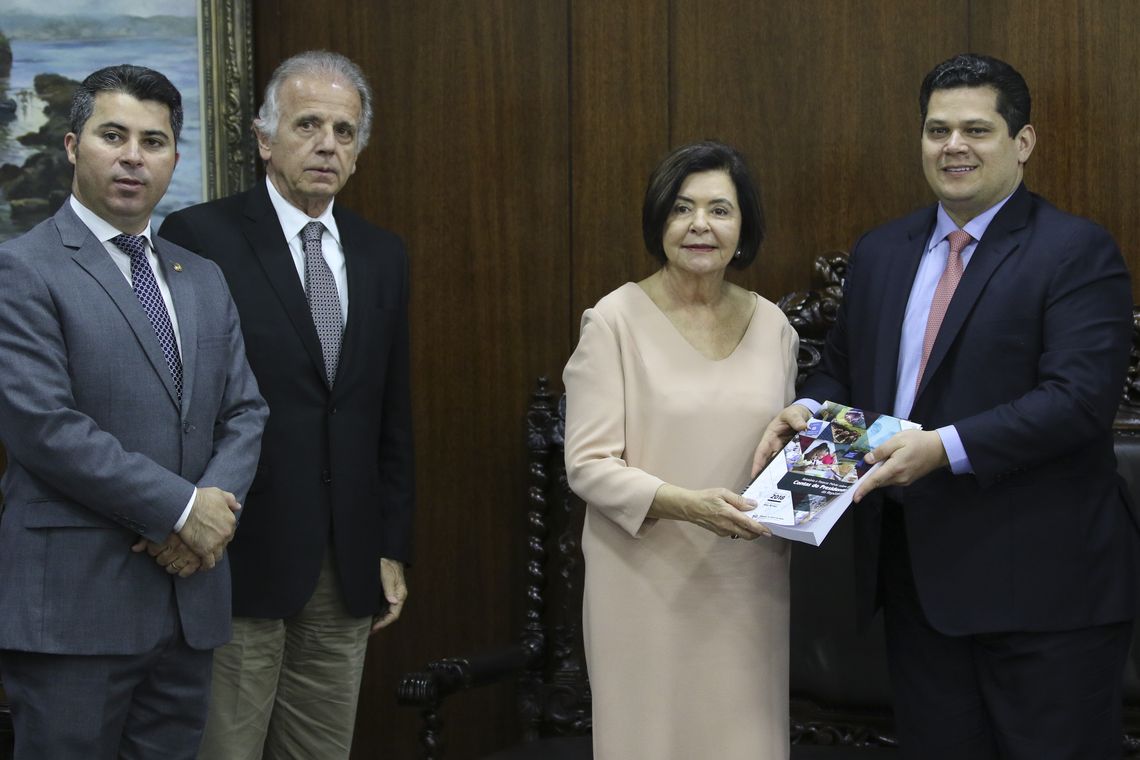 Fabio Rodrigues Pozzebom/Agência Brasil O presidente do TCU, José Múcio Monteiro Filho, e a ministra Ana Arraes entregam ao presidente do Senado, Davi Alcolumbre, o Relatório das Contas do Presidente da República de 2018.