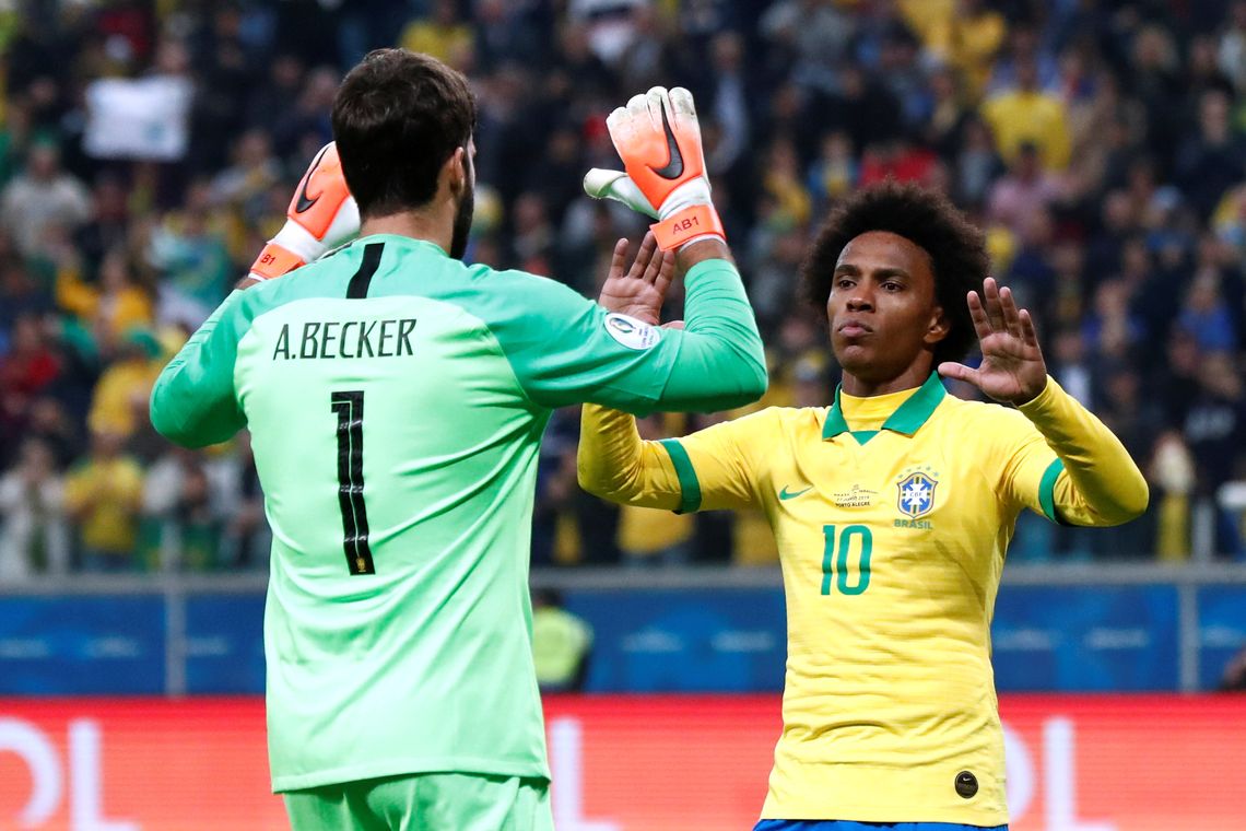 Alisson e Willian comemoram vitÃ³ria da seleÃ§Ã£o brasileira na Copa AmÃ©rica 2019