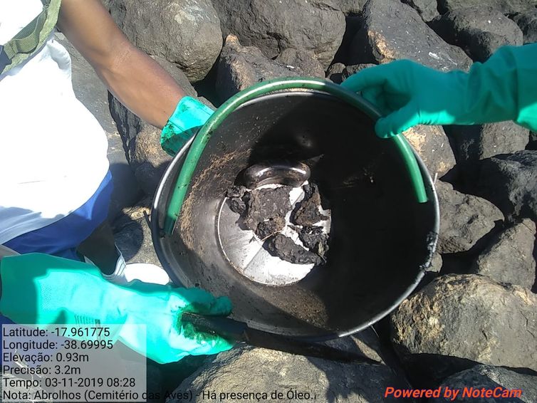 Região do arquipélago baiano de Abrolhos (BA), operações de monitoramento e limpeza de áreas atingidas pelas manchas de óleo.