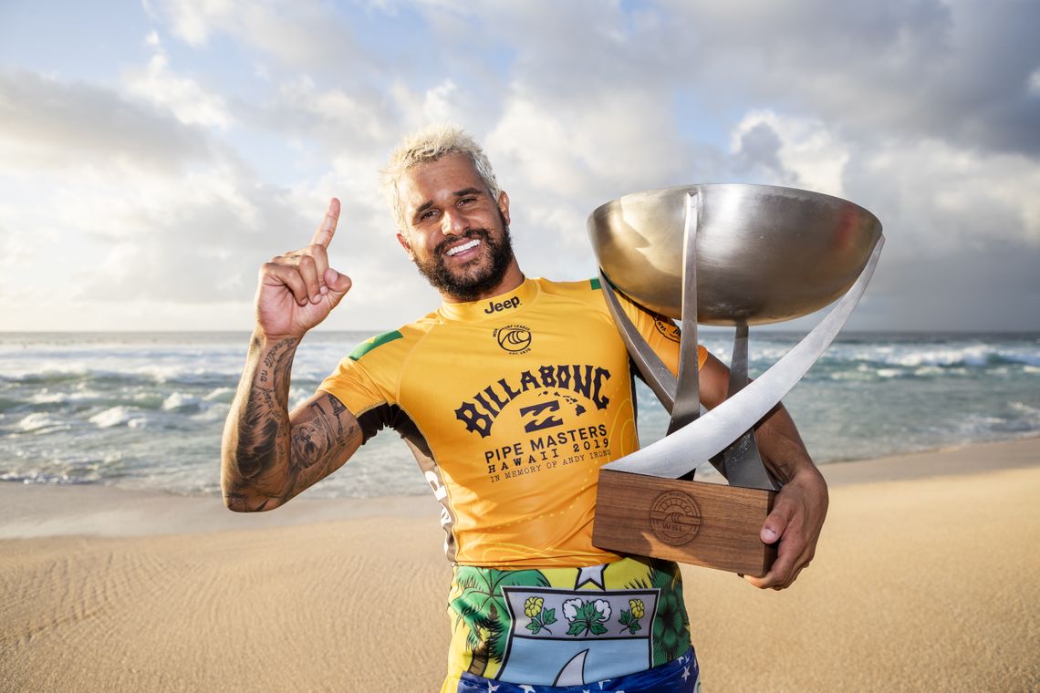 OAHU, UNITED STATES - DECEMBER 19: Italo Ferreira of Brazil winning his maiden WSL World Title at the 2019 Billabong Pipe Masters after winning the final at Pipeline on December 19, 2019 in Oahu, United States. (Photo by Kelly Cestari/WSL via