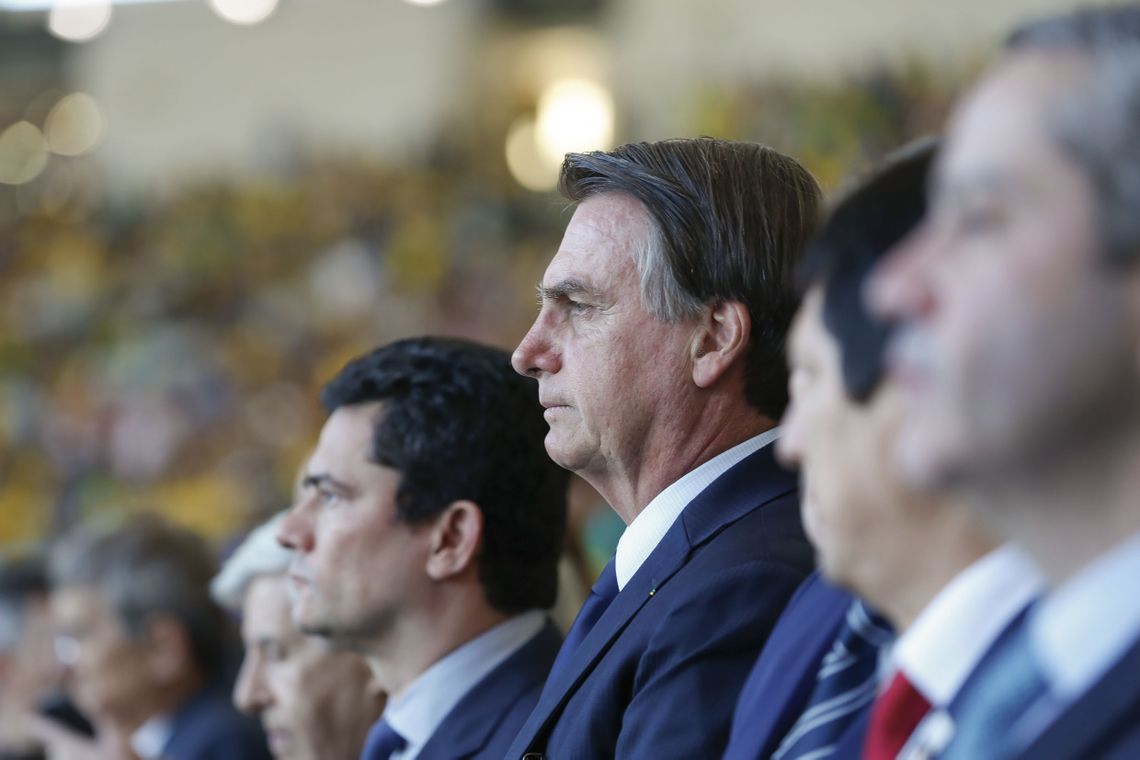 Carolina Antunes/PR Presidente da República, Jair Bolsonaro e o ministro da Justiça, Sergio Moro durante a final da Copa América 2019, entre as seleções do Brasil e Peru.