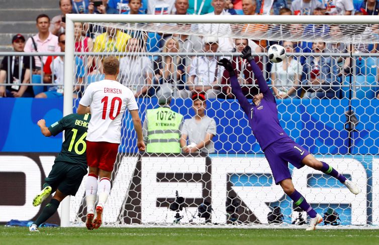 Copa 2018, Dinamarca e AustrÃ¡lia, gol      REUTERS/Michael Dalder