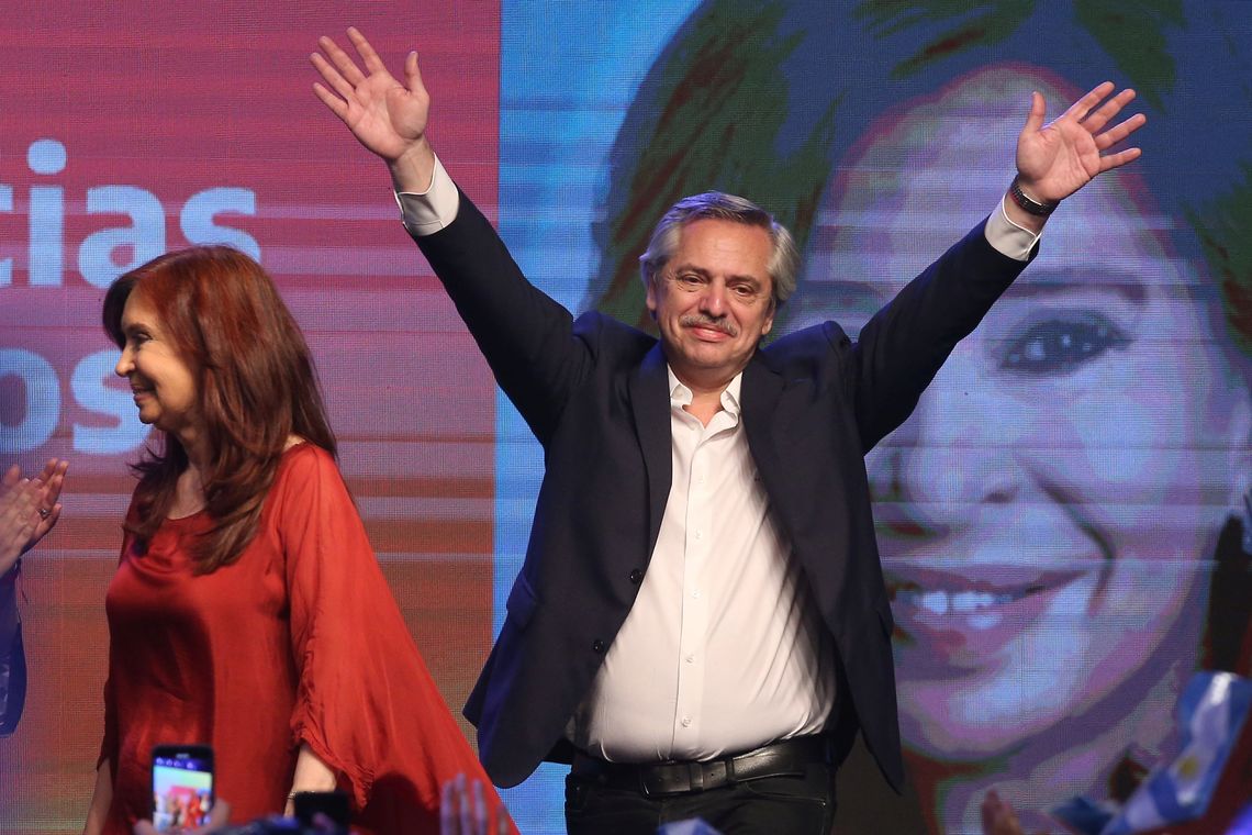 Presidential candidate Alberto Fernandez and running mate former President Cristina Fernandez de Kirchner celebrate after election results in Buenos Aires, Argentina October 27, 2019. REUTERS/Agustin Marcarian