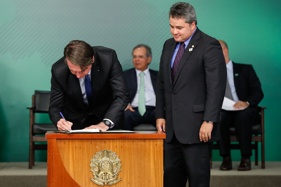 O presidente Jair Bolsonaro durante cerimônia de sanção da nova Lei do Cadastro Positivo, no Palácio do Planalto.