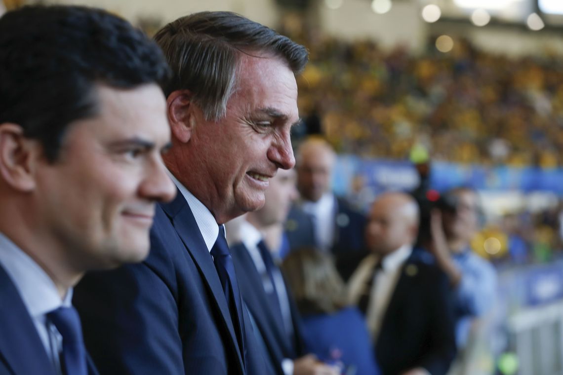 Carolina Antunes/PR Presidente da República, Jair Bolsonaro e o ministro da Justiça, Sergio Moro durante a final da Copa América 2019, entre as seleções do Brasil e Peru.