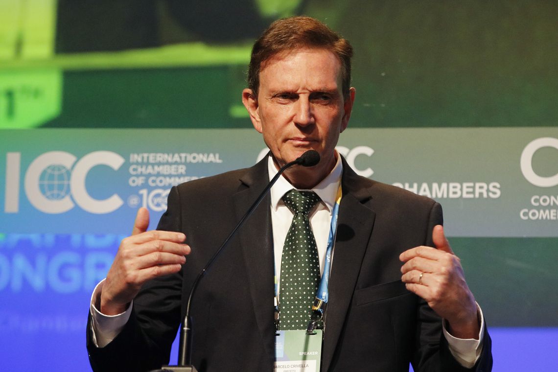 Tânia Rêgo/Agência Brasil O prefeito do Rio de Janeiro, Marcelo Crivella, participa da abertura do 11º Congresso Mundial de Câmaras, no Windsor Convention Center, na Barra da Tijuca, Rio de Janeiro.