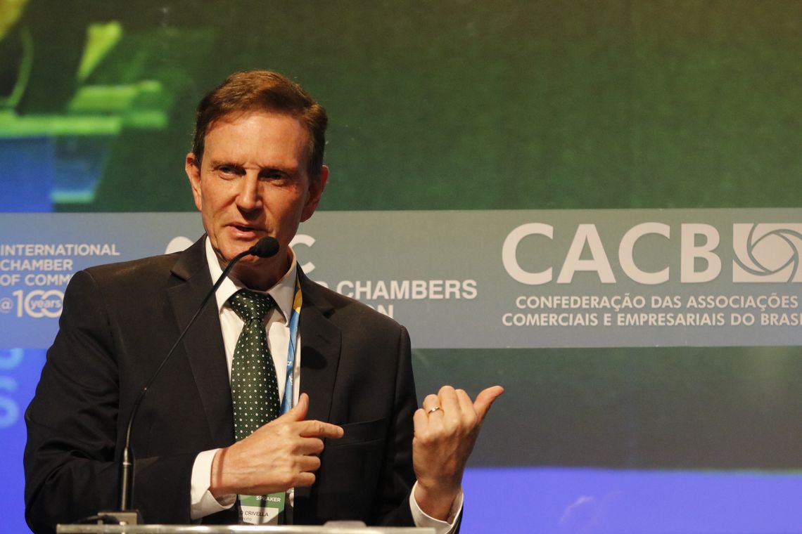 Tânia Rêgo/Agência Brasil O prefeito do Rio de Janeiro, Marcelo Crivella, participa da abertura do 11º Congresso Mundial de Câmaras, no Windsor Convention Center, na Barra da Tijuca, Rio de Janeiro.