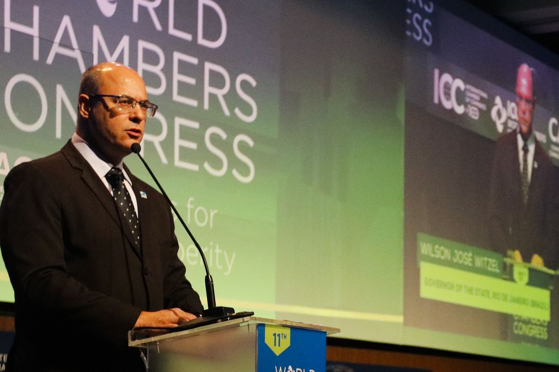 Tânia Rêgo/Agência Brasil O governador do Rio de Janeiro, Wilson Witzel, participa da abertura do 11º Congresso Mundial de Câmaras, no Windsor Convention Center, na Barra da Tijuca, Rio de Janeiro.