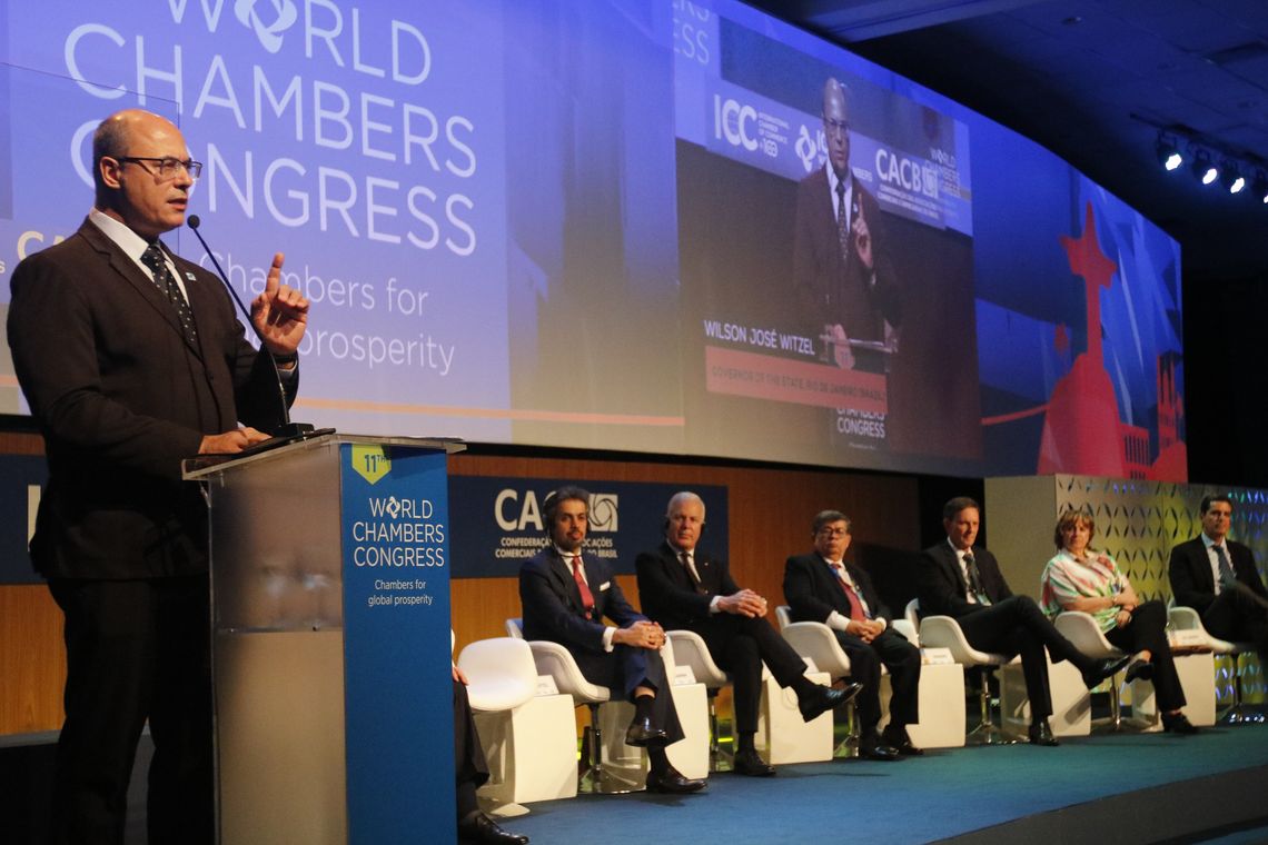 Tânia Rêgo/Agência Brasil O governador do Rio de Janeiro, Wilson Witzel, participa da abertura do 11º Congresso Mundial de Câmaras, no Windsor Convention Center, na Barra da Tijuca, Rio de Janeiro.