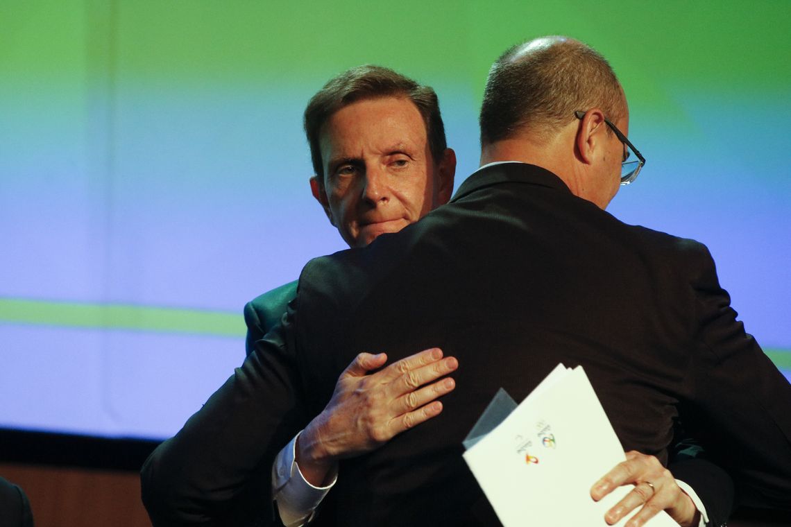Tânia Rêgo/Agência Brasil O prefeito do Rio de Janeiro, Marcelo Crivella, e o governador Wilson Witzel, participam da abertura do 11º Congresso Mundial de Câmaras, no Windsor Convention Center, na Barra da Tijuca, Rio de Janeiro.