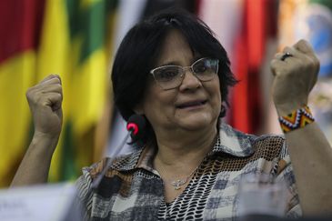 A ministra da Mulher, da Família e dos Direitos Humanos Damares Alves, durante a apresentação de ações de proteção de direitos entregues nos 300 dias de governo 
