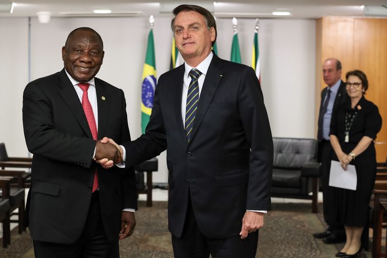 O presidente da República da África do Sul, Cyril Ramaphosa, durante encontro com o presidente da república do Brasil,Jair Bolsonaro  