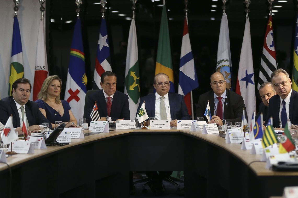 José Cruz/Agência Brasil Os governadores, de São Paulo, João Doria, do Distrito Federal, Ibanez Rocha e do Rio de Janeiro, Wilson Witzel, participam da 5ª Reunião do Fórum de Governadores.