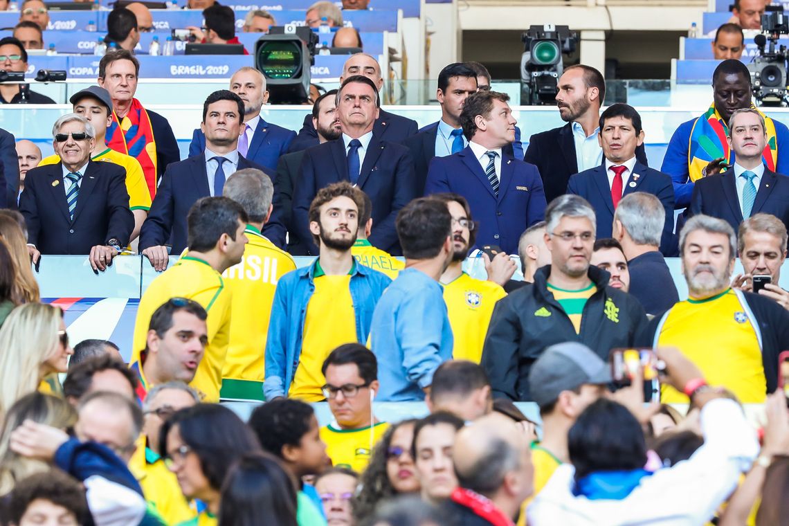 Clauber Cleber Caetano/PR Presidente da República, Jair Bolsonaro e o ministro da Justiça, Sergio Moro durante a final da Copa América 2019, entre as seleções do Brasil e Peru.