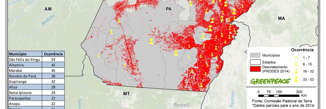 Mapa de ameaças por conflitos agrários no Pará Ameaças por Conflitos Agrários no Estado do Pará de 2004 a 2014
