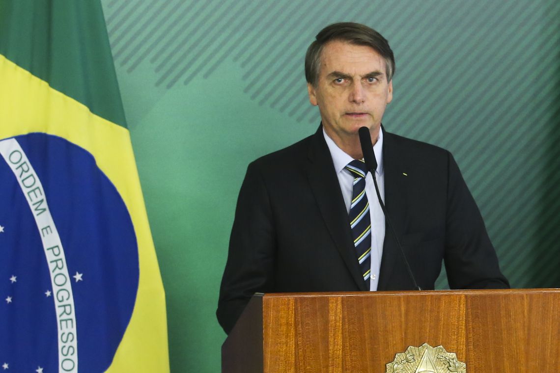O presidente Jair Bolsonaro durante encontro com o autoproclamado presidente interino da Venezuela, Juan Guaidó, no Palácio do Planalto