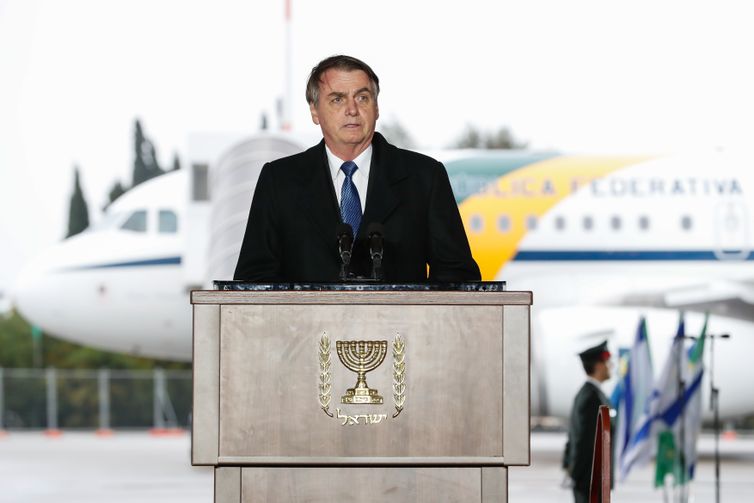 O presidente da República, Jair Bolsonaro, discursa durante cerimônia oficial de chegada à Israel.