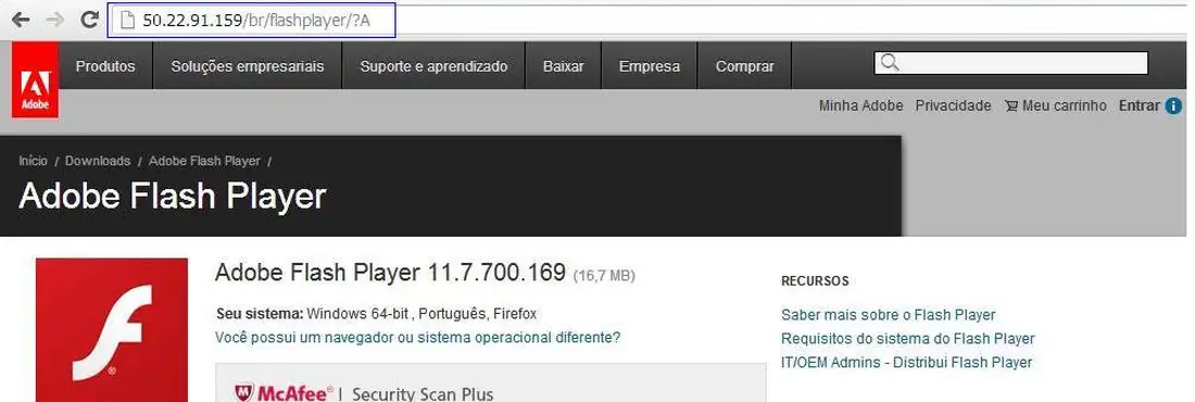 Página falsa do Adobe Flash Player Página falsa do Adobe Flash Player