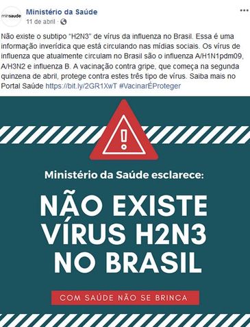 Ministério da Saúde/Agência Brasil Post do Ministério da Saúde no Facebook em que desmente a existência do subtipo H2N3 do vírus influenza no Brasil.