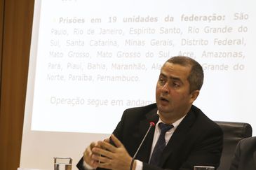 O coordenador do ServiÃ§o de InteligÃªncia do MinistÃ©rio da JustiÃ§a, Alessandro Barreto, durante coletiva de imprensa sobre a  OperaÃ§Ã£o Luz da InfÃ¢ncia 4.