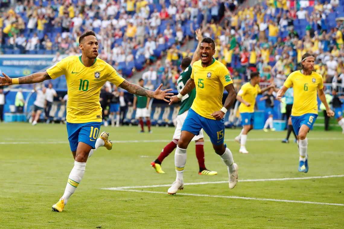 REUTERS/Carlos Garcia Rawlins/Direitos Resevados/Agência Brasil Soccer Football - World Cup - Round of 16 - Brazil vs Mexico - Samara Arena, Samara, Russia - July 2, 2018 Brazil's Neymar celebrates scoring their first goal REUTERS/Carlos Garcia Rawlins TPX IMAGES OF THE DAY