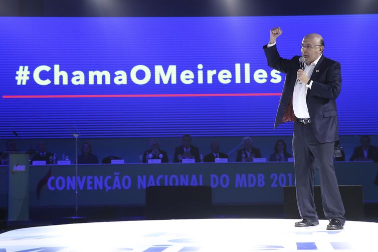 O ex-ministro Henrique Meirelles durante convenção Nacional do MDB em Brasília.