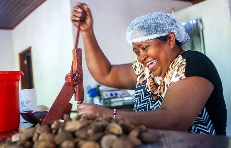 Francisca da Chaga Araújo, a dona Chaga, matriarca da comunidade Rio Novo, trabalha quebrando castanhas. Processamento da castanha na mini usina da Comunidade do Rio Novo, um afluente do rio Iriri na Terra do Meio.