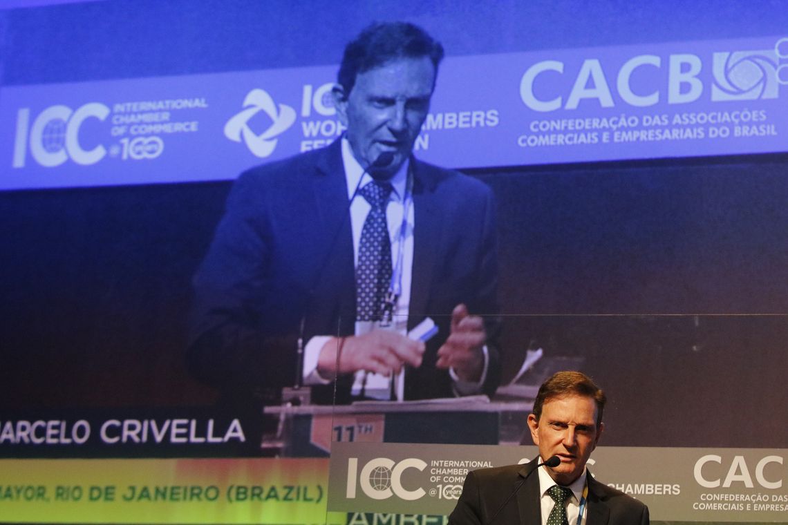 Tânia Rêgo/Agência Brasil O prefeito do Rio de Janeiro, Marcelo Crivella, participa da abertura do 11º Congresso Mundial de Câmaras, no Windsor Convention Center, na Barra da Tijuca, Rio de Janeiro.