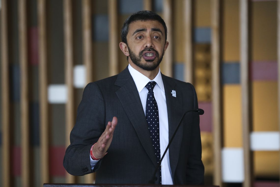 José Cruz/Agência Brasil O ministro dos Negócios Estrangeiros e Cooperação Internacional dos Emirados Árabes Unidos, Xeique Abdullah bin Zayed Al Nahayan, durante encontro com ministro das Relações Exteriores, Ernesto Araújo, no Palácio Itamaraty.
