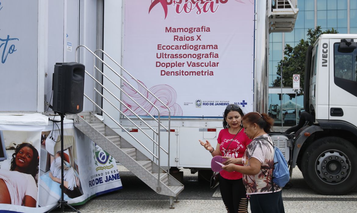 Um mamógrafo móvel na praia de Copacabana à disposição para que mulheres com indicação médica possam realizar o exame na hora em ação do Outubro Rosa promovido pela Alerj