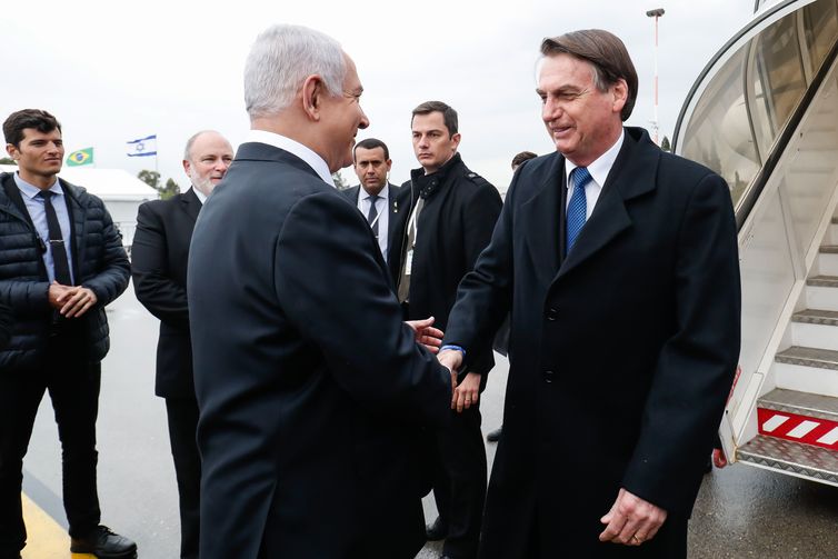 O primeiro-ministro de Israel, Benjamin Netanyahu, recebe o presidente da República, Jair Bolsonaro, em cerimônia oficial de chegada à Israel.