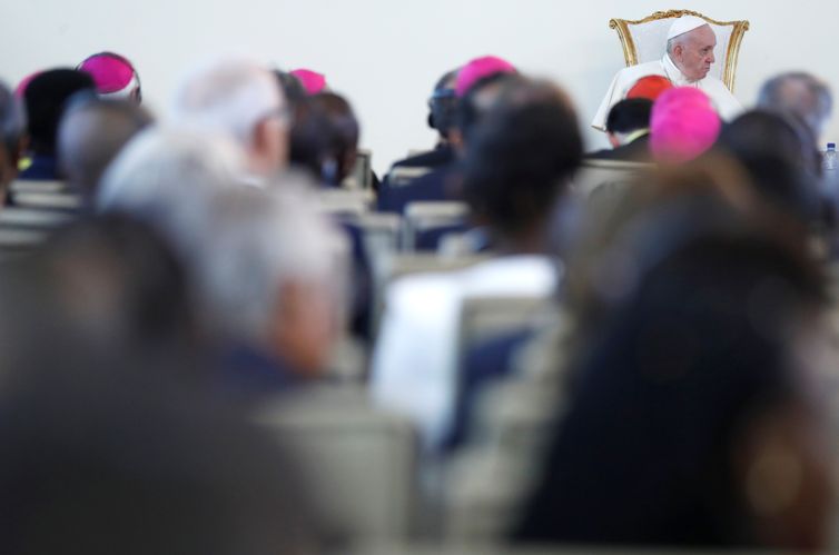 Pope Francis sits during a meeting with authorities, leaders of civil society and the diplomatic corps at the Palacio da Ponta Vermelha in Maputo, Mozambique, September 5, 2019. REUTERS/Yara Nardi