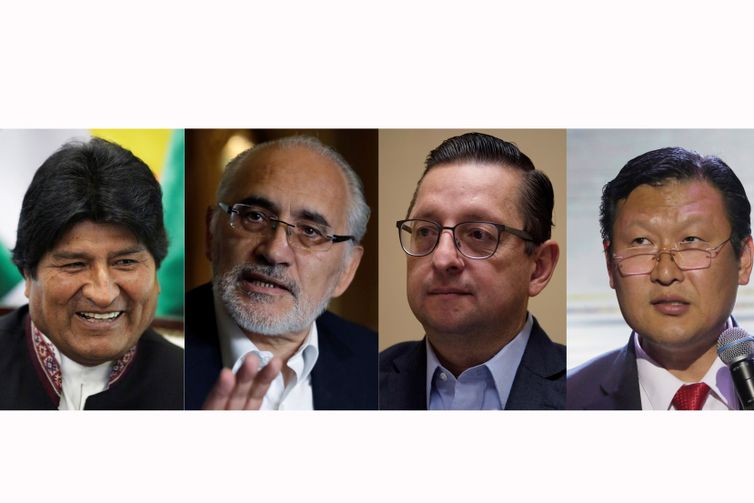 A combination of file photos shows presidential candidates Evo Morales (L) in La Paz, Bolivia June 12, 2019, Carlos Mesa (C) in La Paz, Bolivia, January 15, 2019 and Oscar Ortiz in La Paz, Bolivia, October 8, 2019, respectively, from Reuters