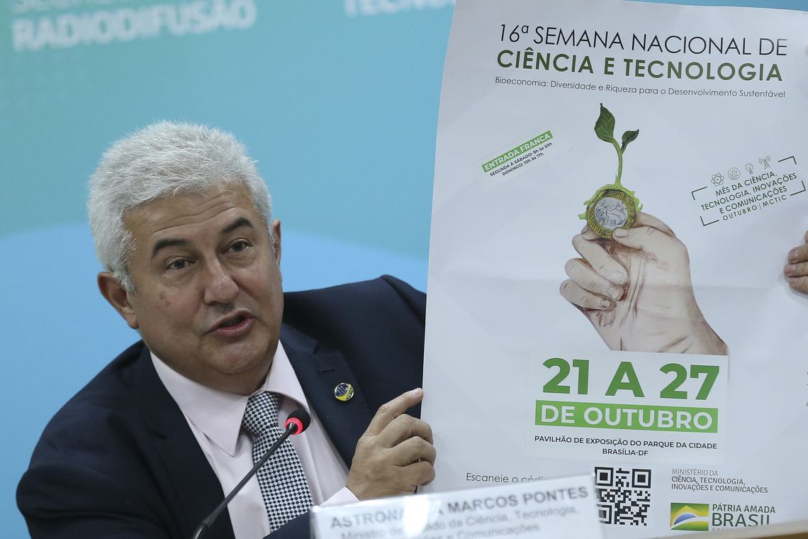 José Cruz/Agência Brasil O ministro da Ciência, Tecnologia, Inovações e Comunicações, Marcos Pontes, toma café da manhã com jornalistas e anuncia o incicio da 16ª Semana Nacional de Ciência e Tecnologia (SNCT)