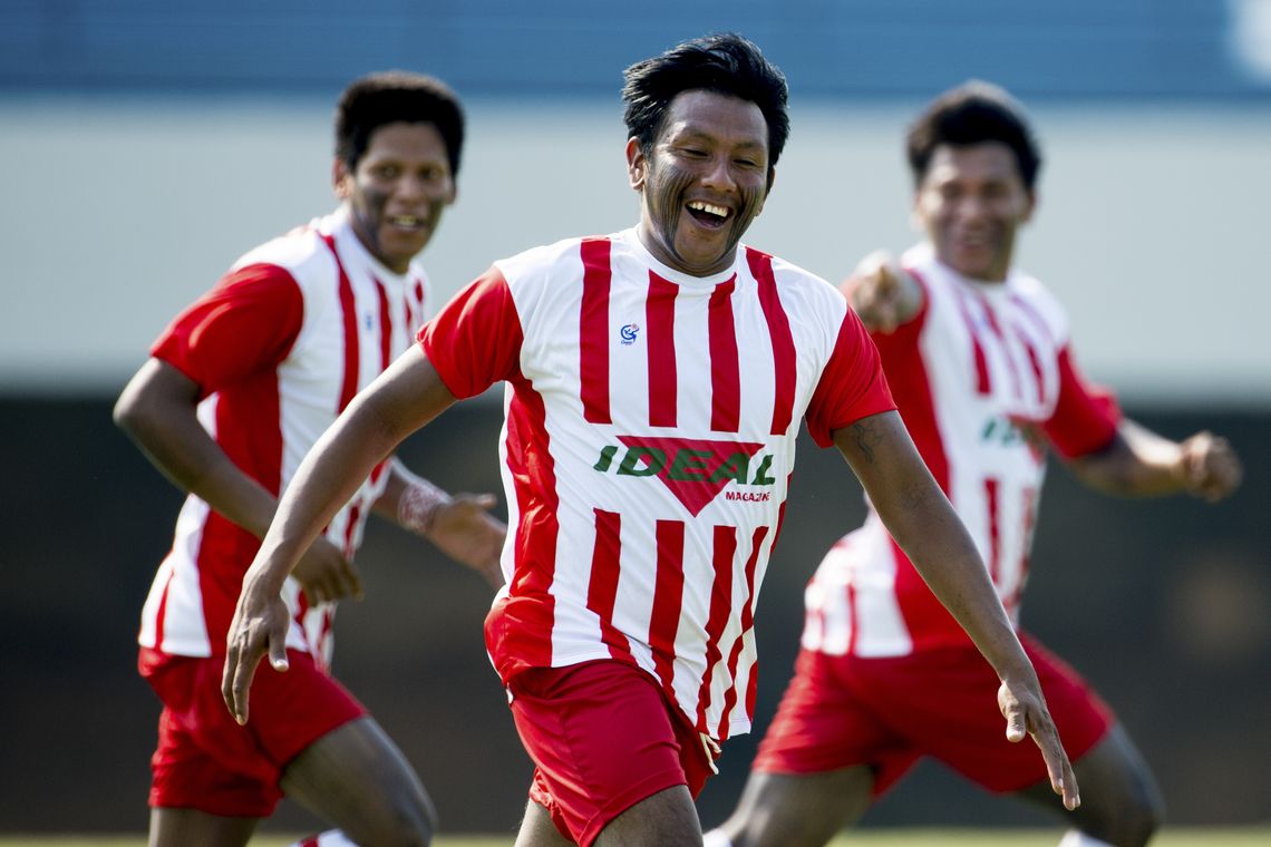 Marcelo Camargo/Agência Brasil Palmas - Índios Kayapó comemoram gol em partida contra os índios do Panamá pela primeira rodada dos Jogos Mundiais dos Povos Indígenas (Marcelo Camargo/Agência Brasil)