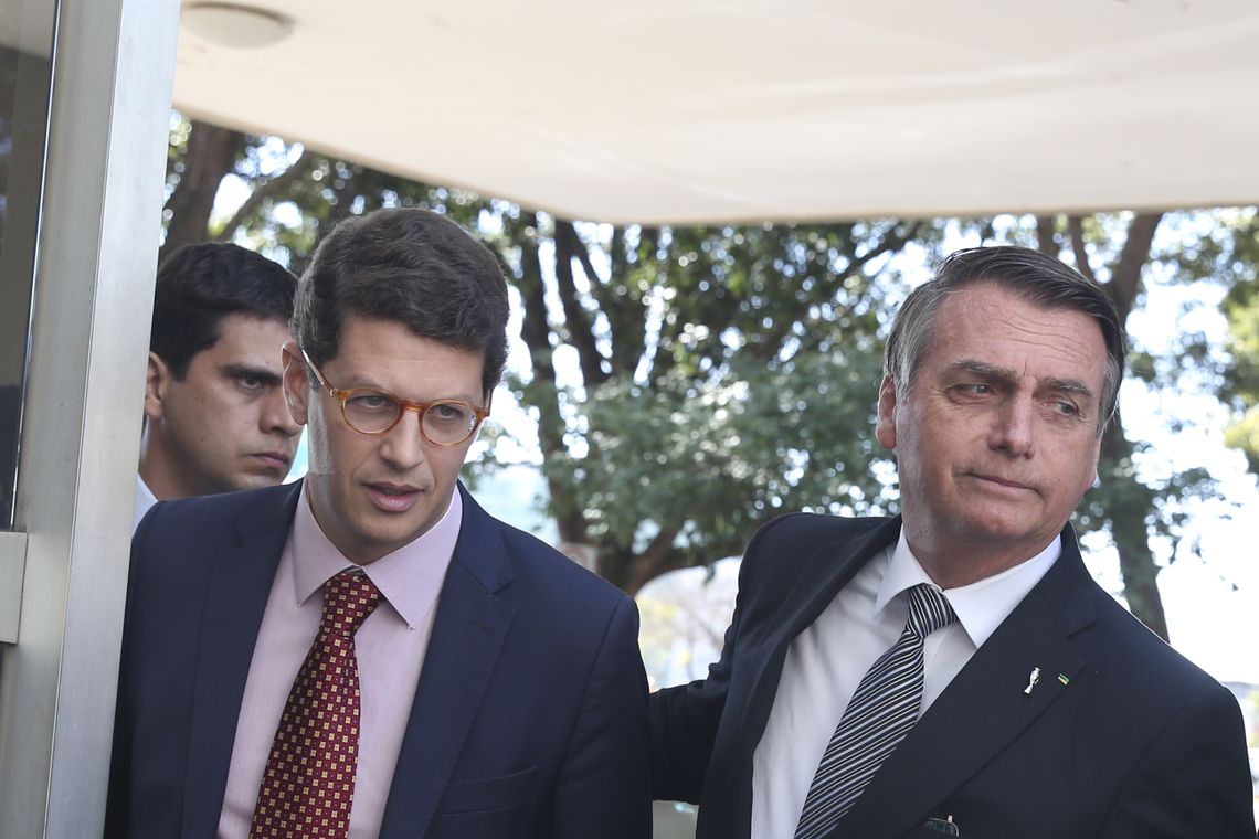 Antonio Cruz/Agência Brasil O ministro do Meio Ambiente, Ricardo Salles e o presidente Jair Bolsonaro, falam à imprensa, após encontro no ministério.