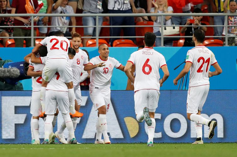 Copa 2018: PanamÃ¡ e TunÃ­sia. ComemoraÃ§Ã£o do segundo gol da TunÃ­sia.