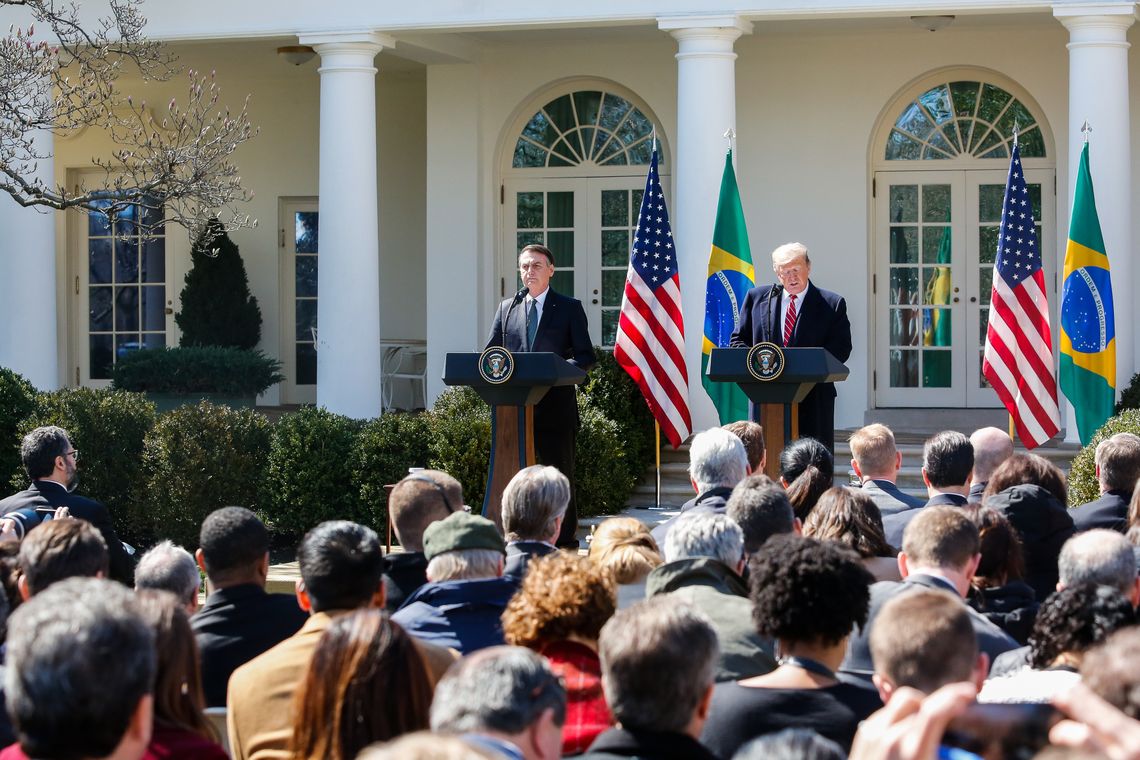 Isac Nóbrega/PR O presidente do Brasil, Jair Bolsonaro, e o presidente dos EUA, Donald Trump, durante uma entrevista coletiva no Rose Garden da Casa Branca, em Washington (EUA)
