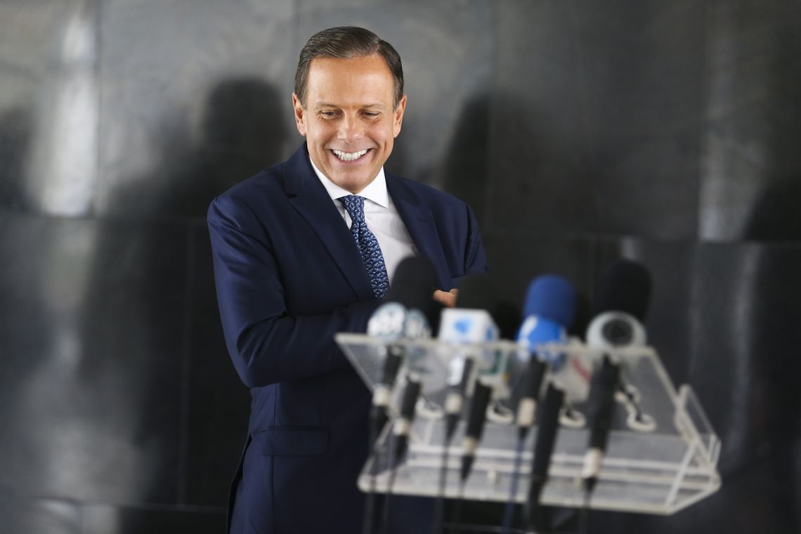O governador de SÃ£o Paulo, JoÃ£o Doria, durante coletiva Ã  imprensa, apÃ³s encontro com o presidente, Jair Bolsonaro 