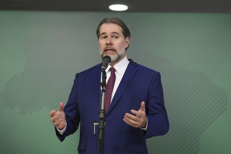 O presidente da República em exercício, Dias Toffoli, durante entrevista coletiva, no Palácio do Planalto.