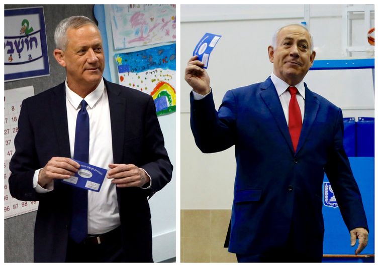 Uma imagem combinada mostra Benny Gantz (Ã  esquerda), lÃ­der do partido Azul e Branco votando em Rosh Haayin e o primeiro-ministro de Israel, Benjamin Netanyahu, votando em JerusalÃ©m durante a eleiÃ§Ã£o parlamentar de Israel.