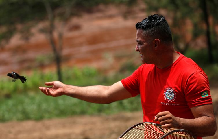 Um bombeiro libera um pássaro resgatado após o rompimento de barragem de rejeitos de minério de ferro de propriedade da mineradora Vale, em Brumadinho (MG).