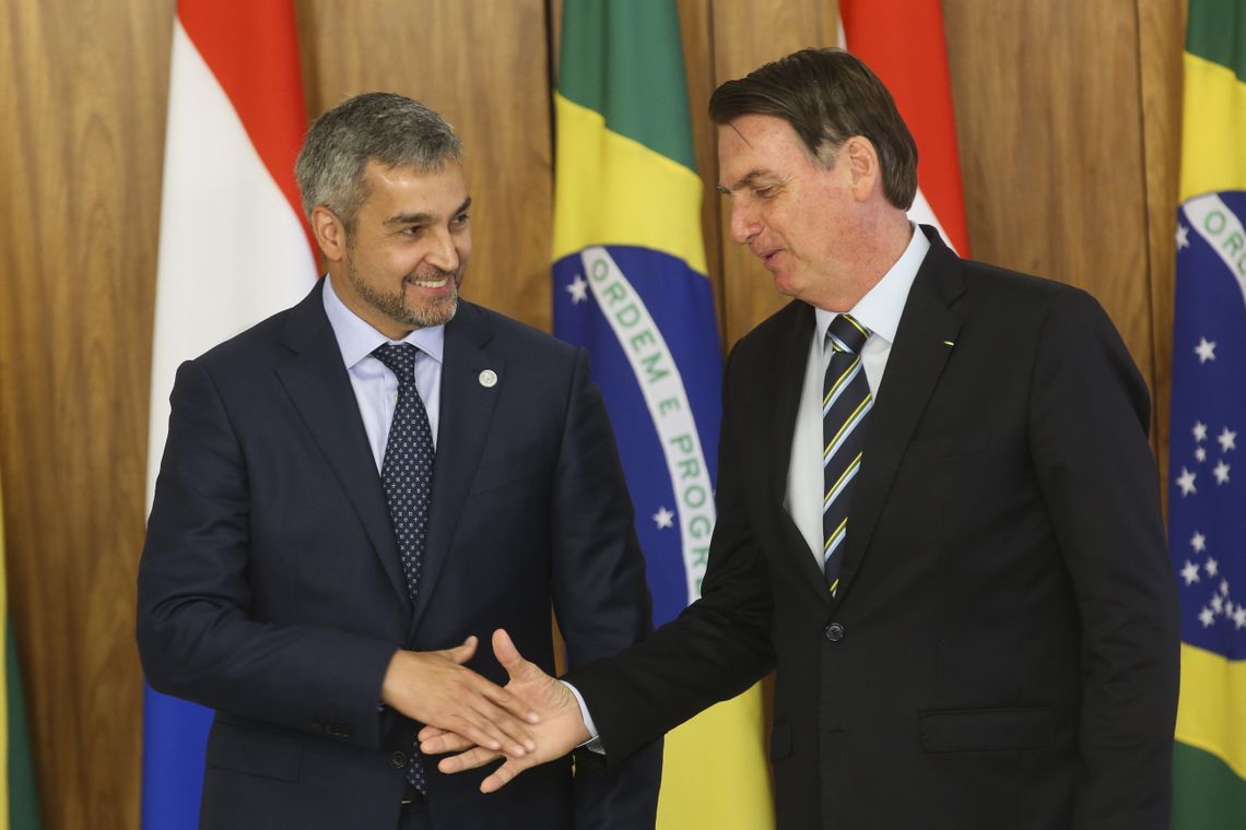 O presidente Jair Bolsonaro recebe o presidente do Paraguai, Mario Abdo BenÃ­tez, no PalÃ¡cio do Planalto, em BrasÃ­lia.