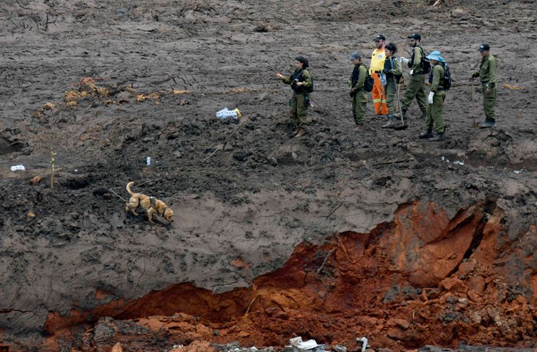 Militares israelenses e equipes de resgate brasileiras durante buscas por vÃ­timas em Brumadinho, onde uma barragem da mineradora Vale se rompeu.