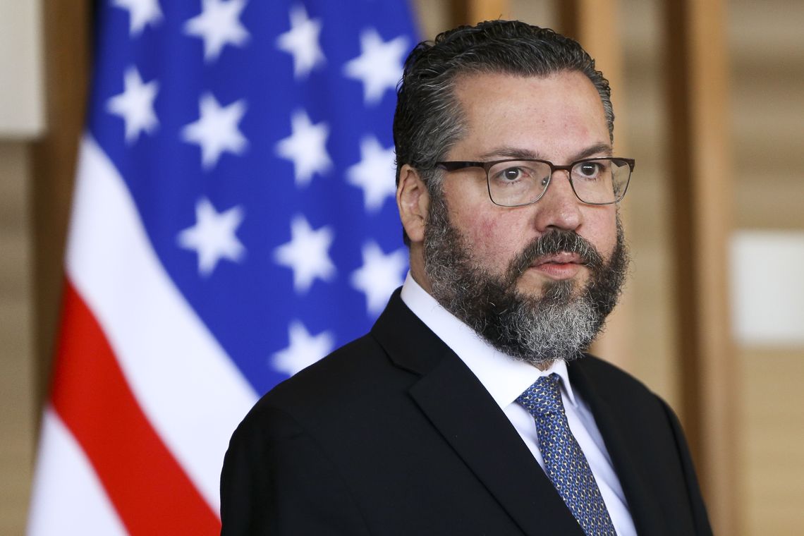 Marcelo Camargo/Agência Brasil O novo chanceler brasileiro, Ernesto Araújo, e o secretário de Estado dos Estados Unidos, Mike Pompeo, durante entrevista coletiva no Palácio do Itamaraty.